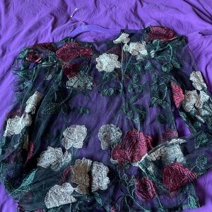 Embroidered Floral Mesh Blouse - Black with Red & Cream Flowers